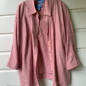 Evan Picone Pink linen 2 PCs Oversized Button Down jacket & sleeveless top pink